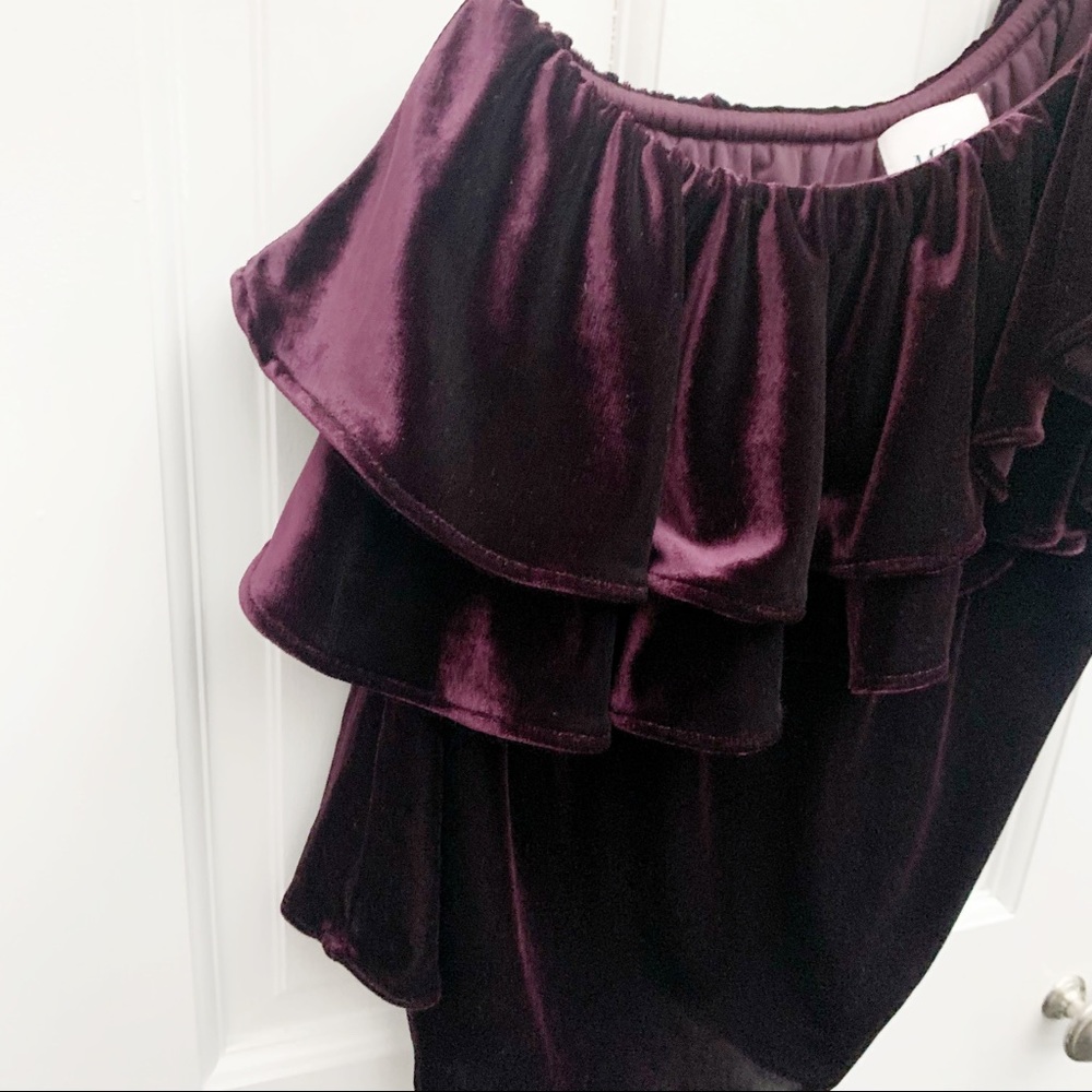 MISA Ruffle One-shoulder Velvet Top In Plum Velvet - Picture 6 of 8